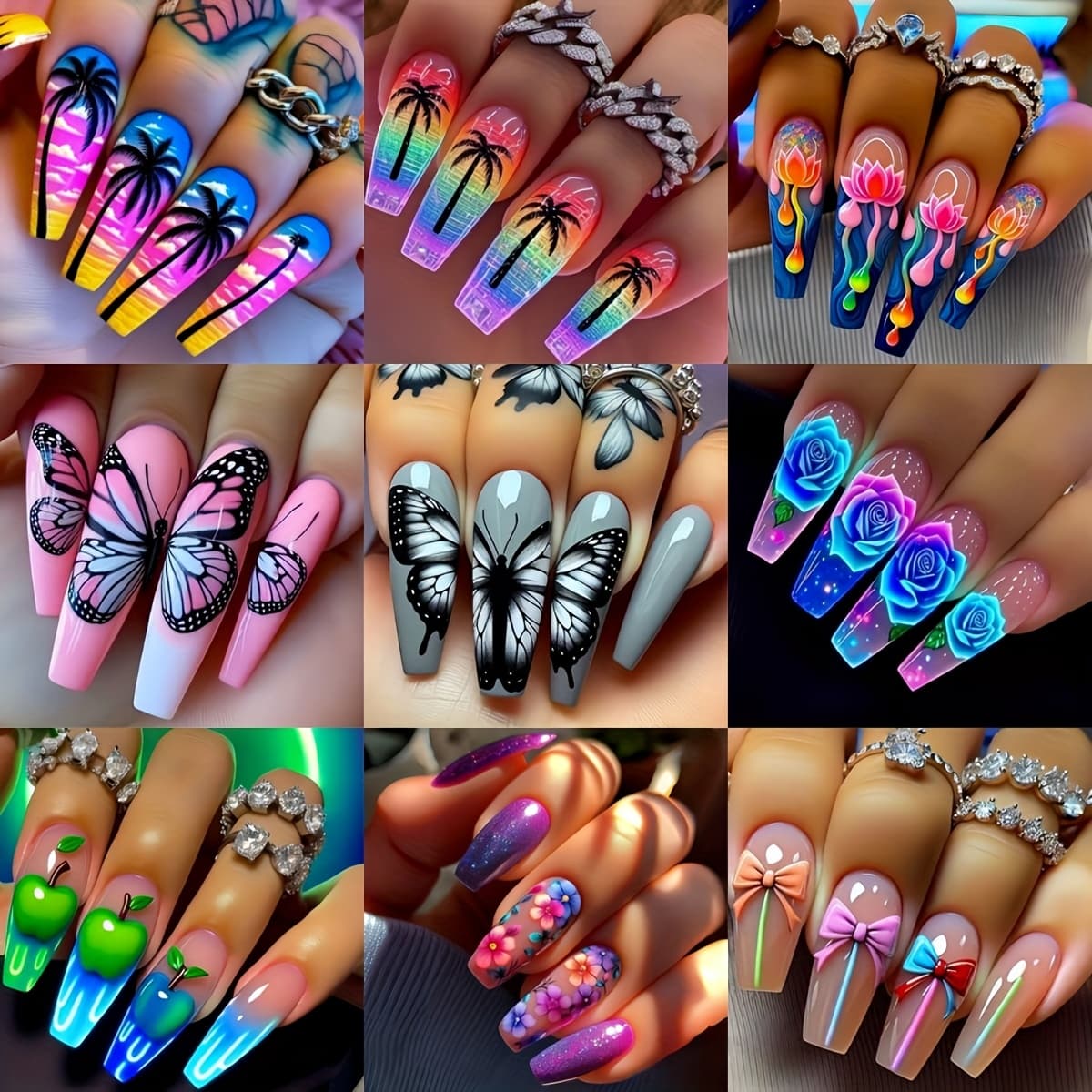 TEMU 216pcs Assembled Gift Box Sets Featuring Stunning Designs Of Flowers, Butterflies, Bows, And Styles Of Removable Press-on Nail Sets