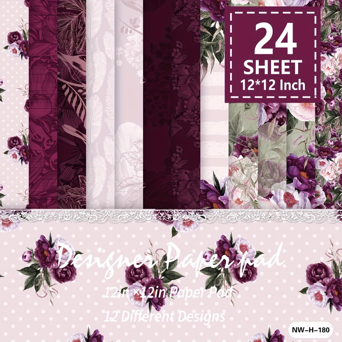 TEMU 24 Sheets 12"x12" Purple Floral Paper Pack - 12 Assorted Patterns, Crafting Paper For Junk Journals, Gift Wrapping, Album & Planner Backgrounds, Diy Projects