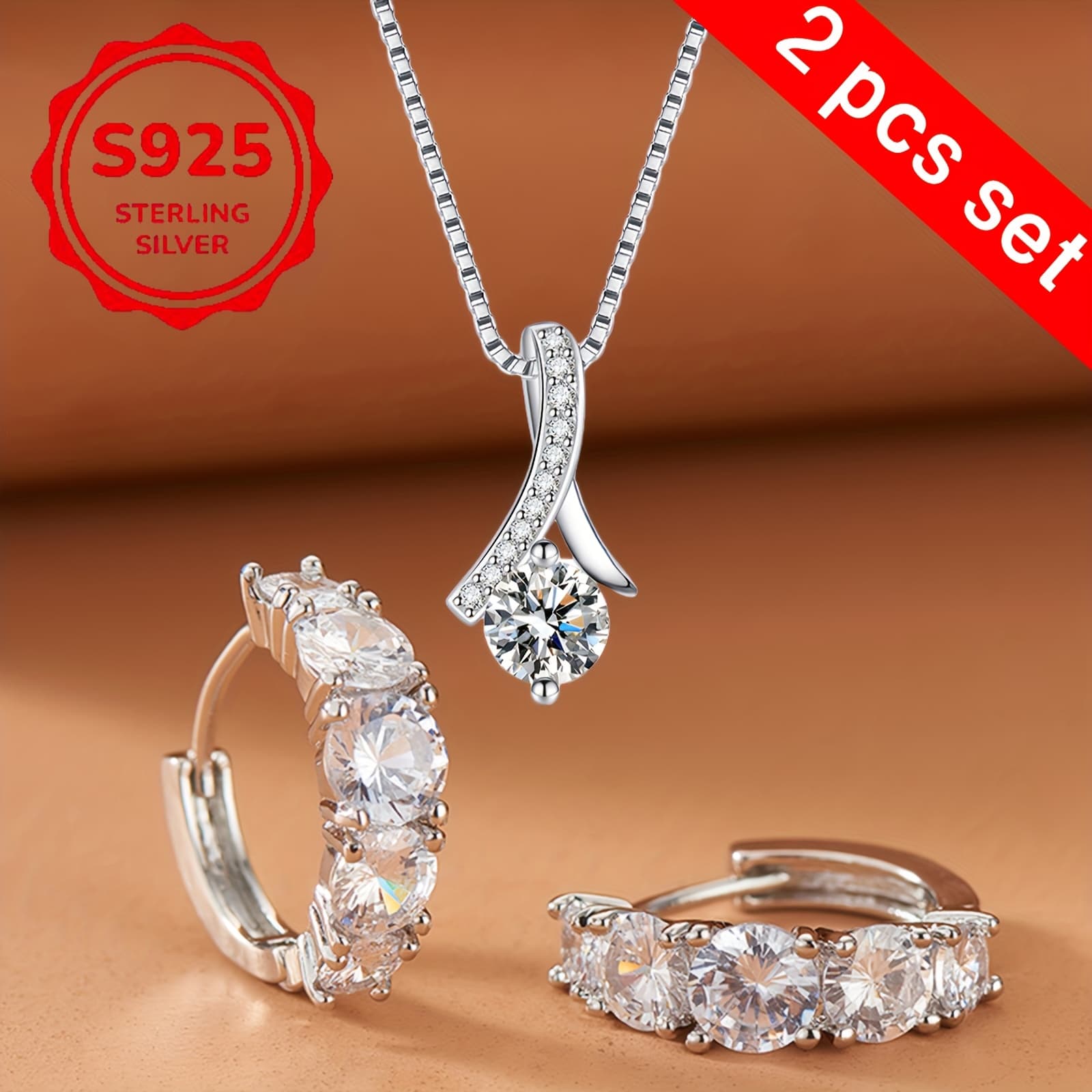 TEMU 2pcs Of Elegant And Delicate Moissanite Pendant Necklace + Earrings Hypoallergenic Women's Birthday, Holiday And Christmas Gifts Are Essential For Daily Wear