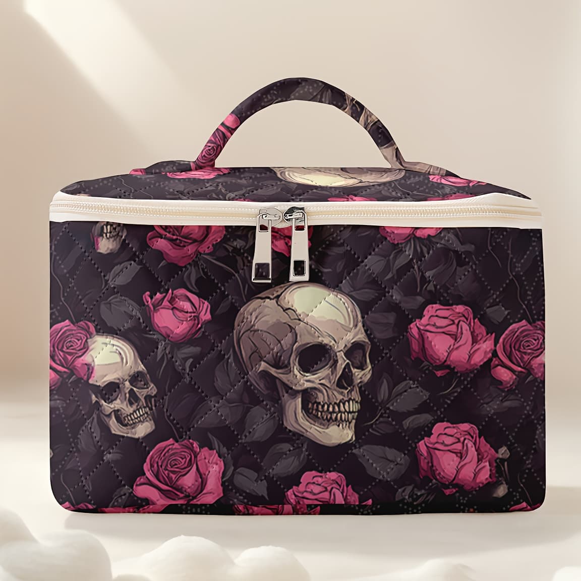 TEMU Halloween Element Rose Skull Pattern Large Capacity Makeup Bag, Makeup And Toiletries Accessory Storage Bag, Multifunctional Beauty Small Item Daily Accessory Storage Box