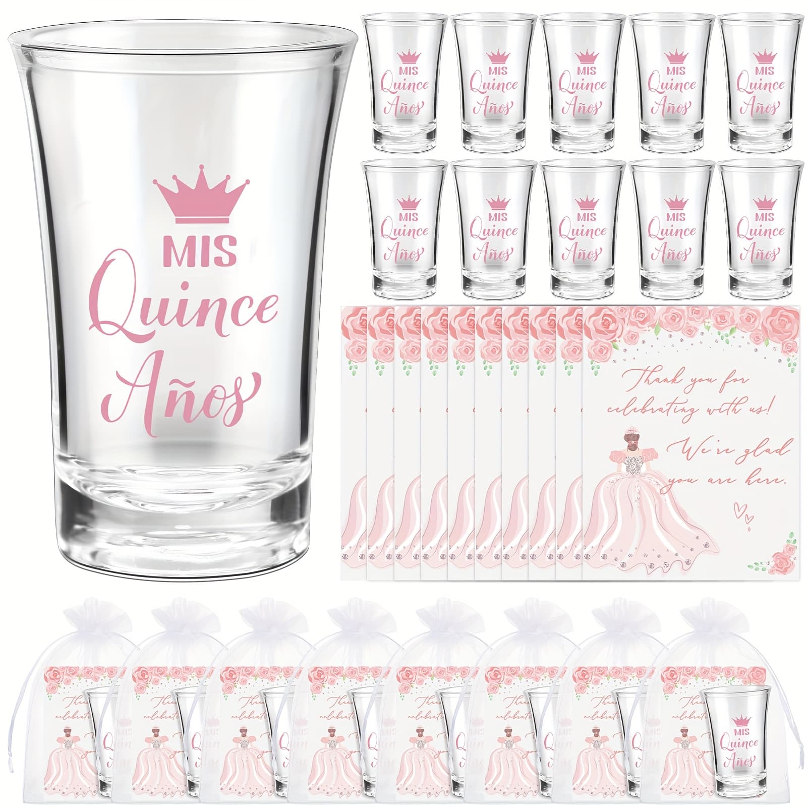 TEMU Quinceanera Party Favors For Guests Quinceanera Acrylic Glasses Thank You Cards With Organza Bags Mis Anos Quinceanera Birthday Party Favors (pink, 50 Sets) Party Packs