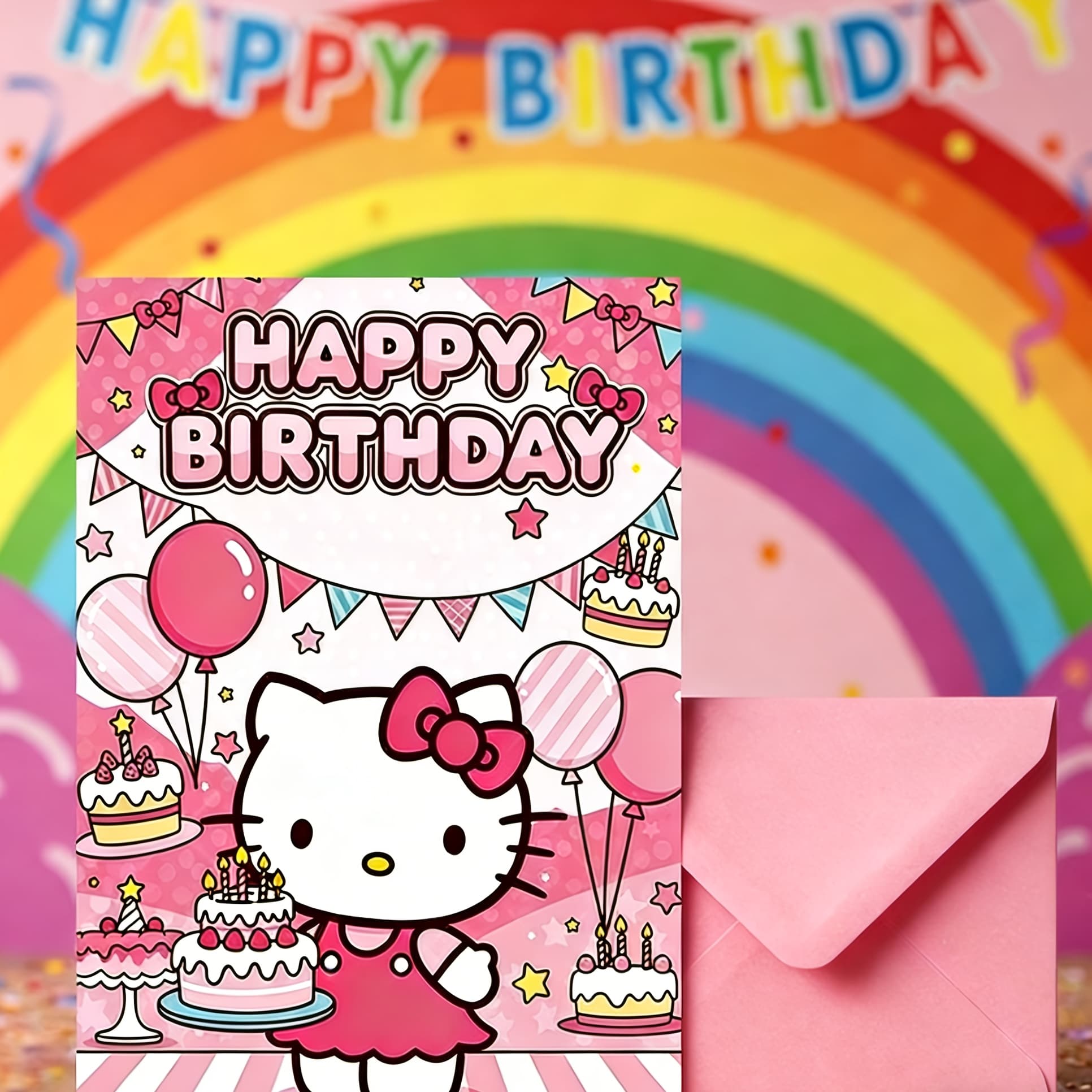 TEMU Authorized 1pc Set (1pc Greeting Card And 1pc Envelope) Hello Kitty Birthday Card, Suitable Gift For Son, Daughter, Grandson, Granddaughter On Birthday