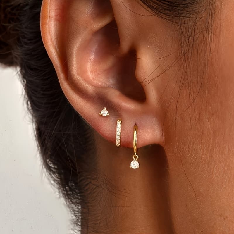 TEMU 6pcs Set Of Simple And Cubic Synthetic Zirconia-set Copper Earrings, Elegant And Versatile, Suitable For Women' Wear Or Vacation Outfits
