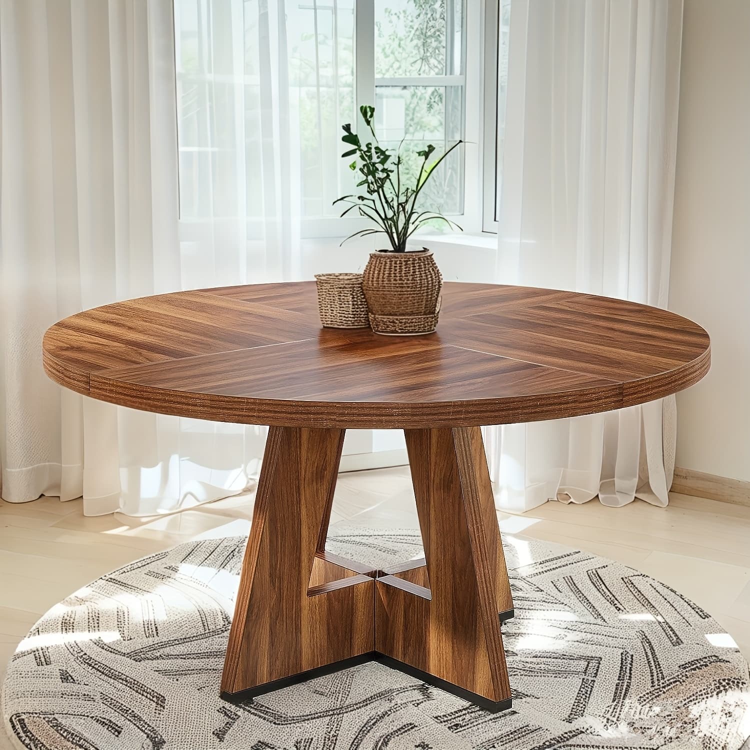 TEMU 47" Round Dinner Table, Farmhouse Dining Table For 4, Ideal For Dining Room, Kitchen, Or Living Room