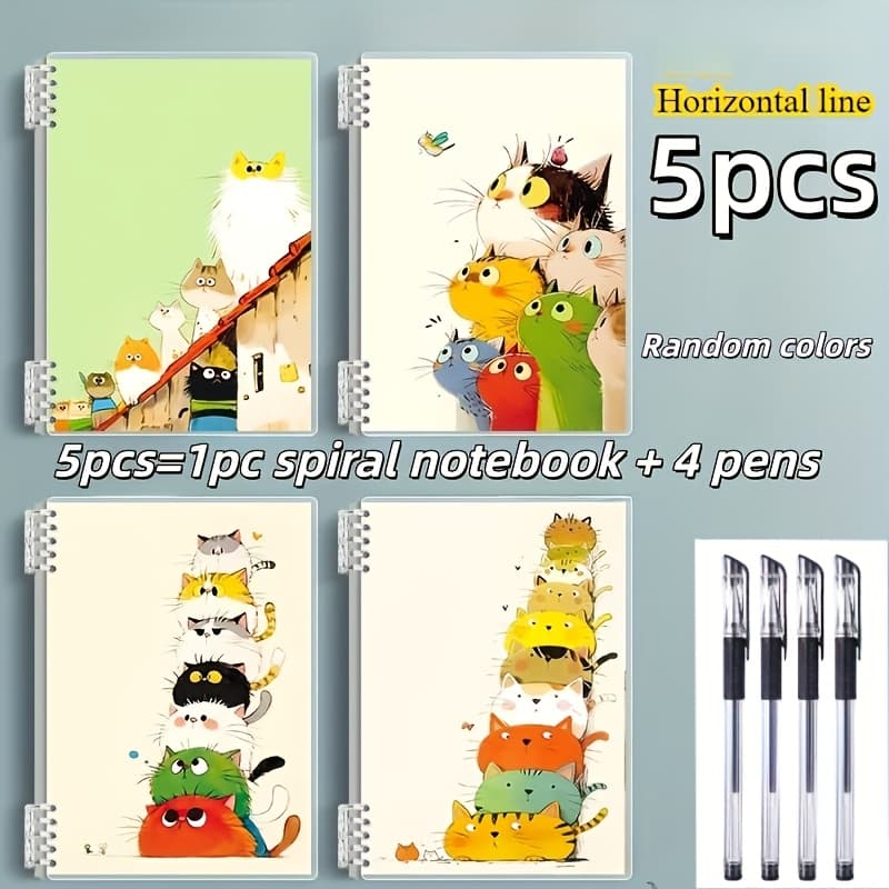 TEMU 5pcs Set, Including 1 Random Color Spiral Notebook+4 Pens - Cute Cartoon Cat Design, 120 Pages Each, Detachable Binding, Suitable For School, Office Or Diary, Cute Notebook