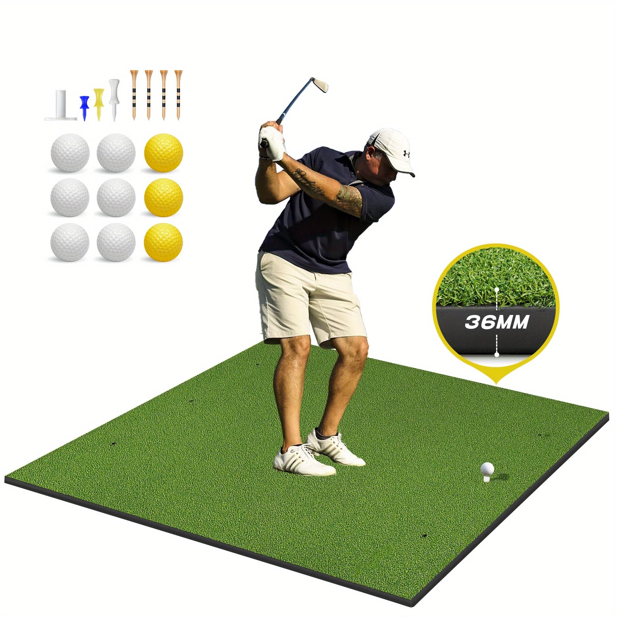 TEMU Golf Mat Thickened Golf Hitting Mat, 5x4ft 36mm Golf Mats Practice Outdoor/indoor Golf Turf Training Aid Equipment Golf For Home Backyard Garage Swing Driving Chipping, With 9 Golf Balls