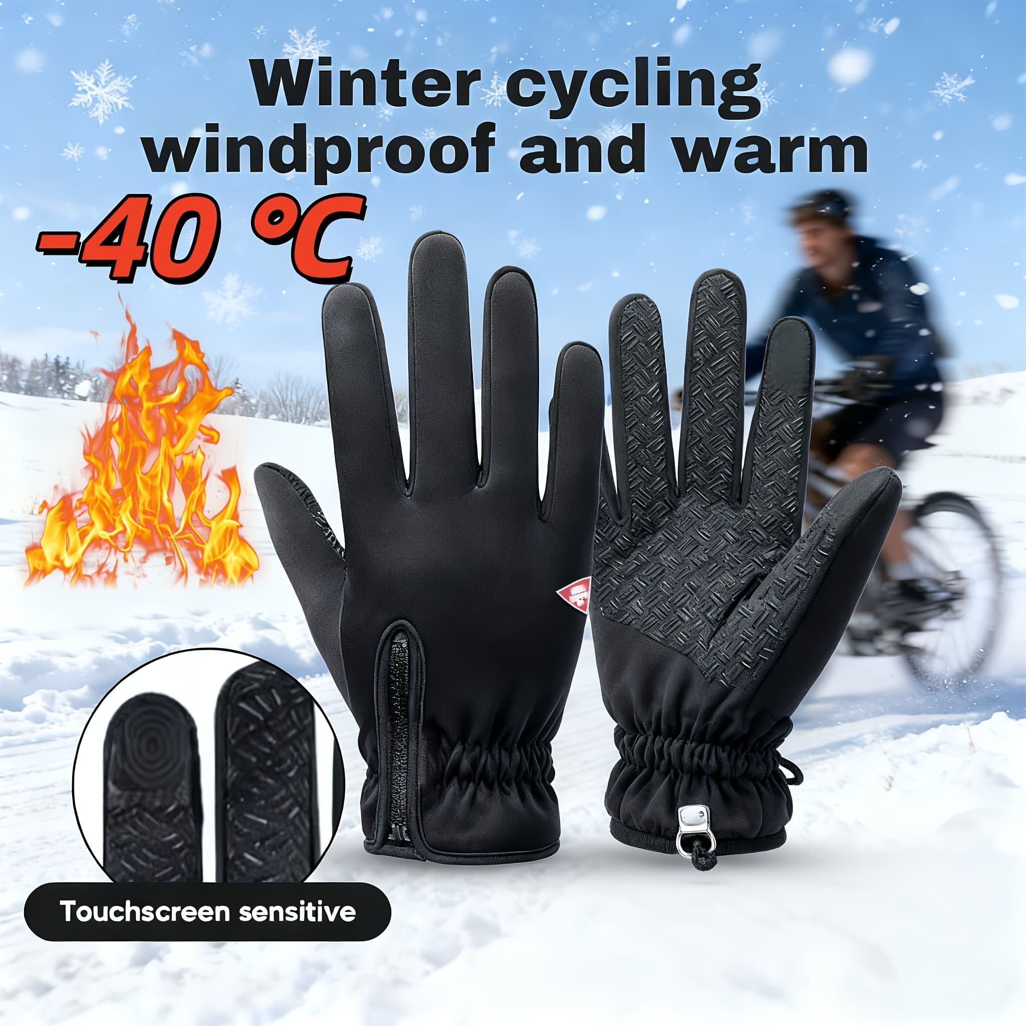 TEMU Men's And Women's Winter Thermal Gloves - -lined, Windproof Zipper Closure, Soft And Comfortable, Touchscreen Design, Suitable For Outdoor Activities, Black