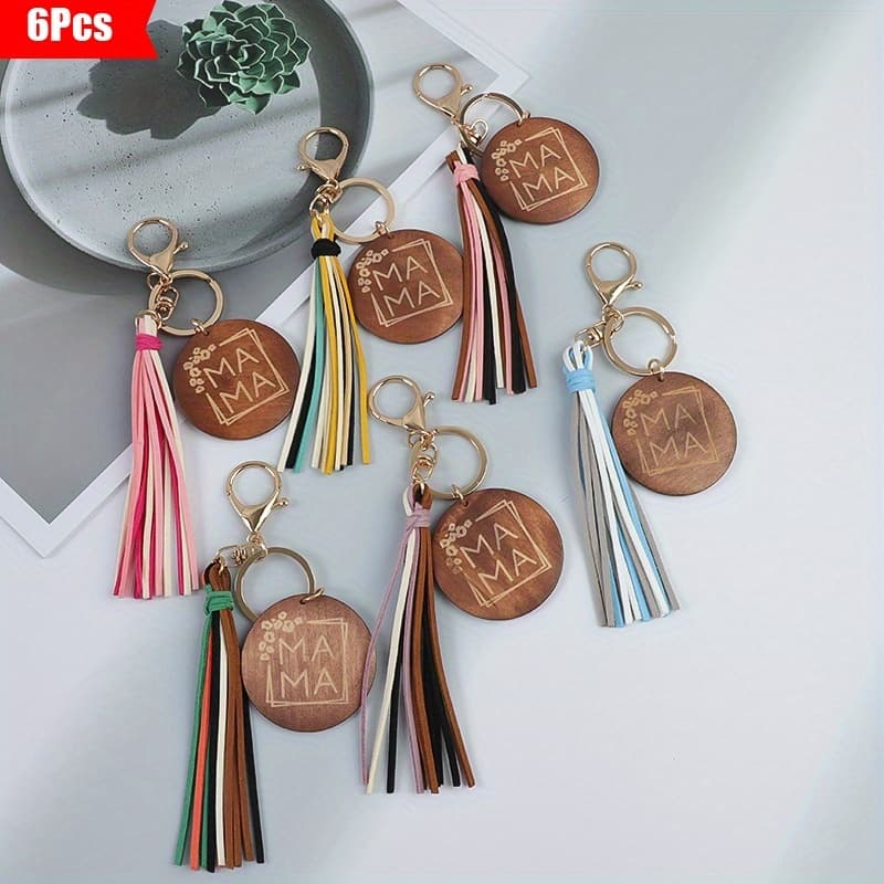 TEMU 6pcs/set Simple Round Wooden Card With Velvet Stripe Tassel Keychain, Gift, Holiday Gift