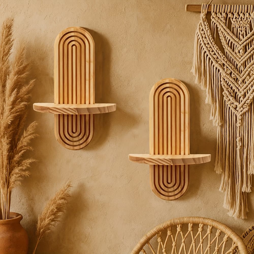 TEMU 2pcs Wooden Bohemian Small Wall Rack, Exquisite Storage Rack, Suitable For Hanging Bathroom Rack In Living Room, Bedroom And Kitchen