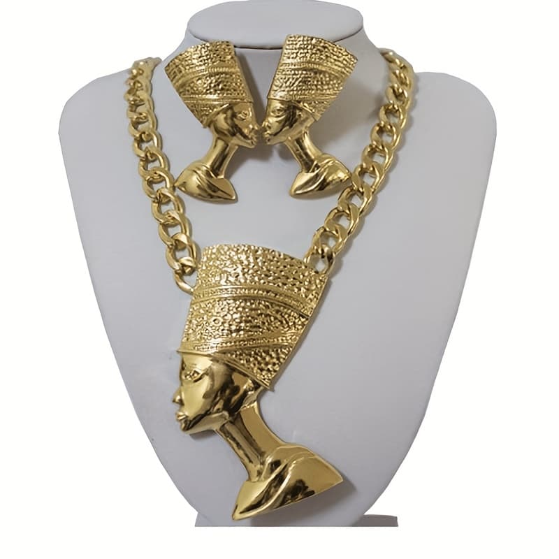 TEMU Jewelry Set - Alloy Material, African Egyptian Queen Statement Necklace & Earrings