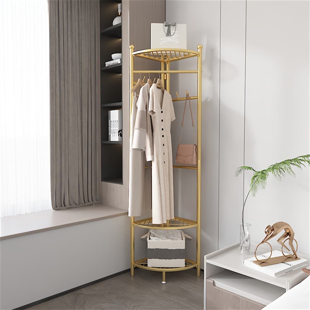 TEMU Aesome 68.5 Inch Metal Corner Coat Racks Golden Clothing Racks Hall Tree Freestanding Garment Rack With Hooks And 3 Tier Storage Shelves For Home, Bedroom, Living Room