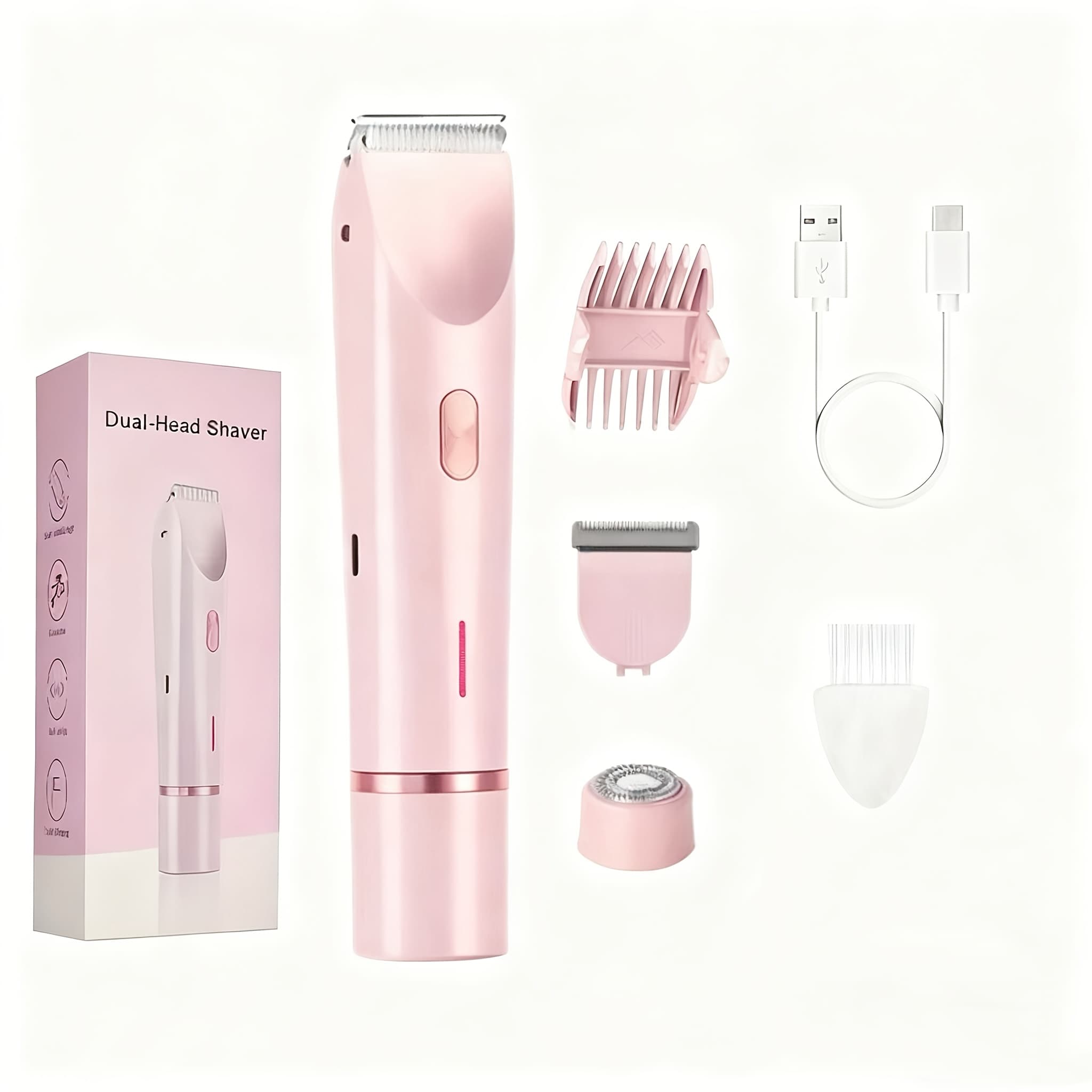 TEMU Women's 2-in-1 Electric Razor & Shaver - Usb Rechargeable Bikini Trimmer, Hair Removal For Face, Body, Sensitive & Intimate Areas, Grooming Kit With Cable, Travel-friendly Gift For Her (pink)