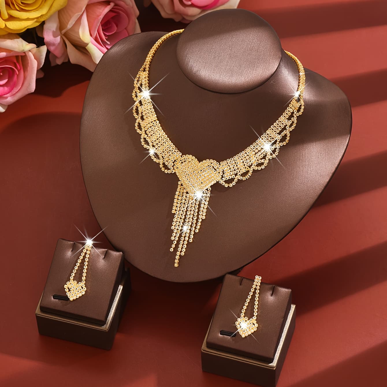 TEMU Luxurious Style Tassel Necklace And Earrings Set, High-end Women's Jewelry, Wedding Party Wear