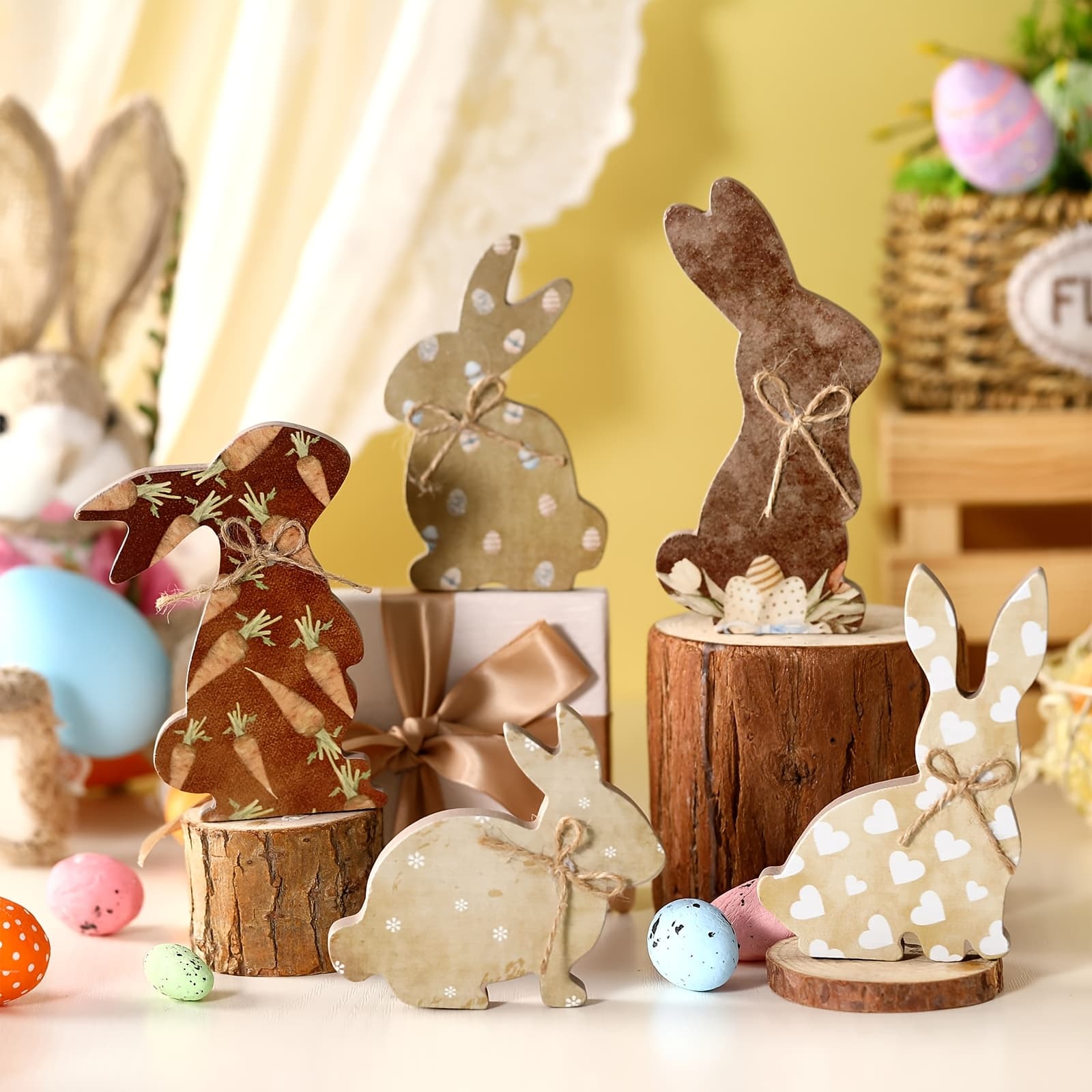 TEMU 5pcs Rustic Wooden Easter Bunny Tiered Tray Decoration - Easter Eggs And Carrots Party Table Centerpiece Blocks - Home Decor For Dining Table, Coffee Corner, Office Desk, Tiered Tray