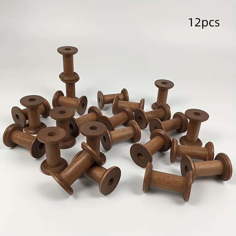 TEMU 12pcs Large Brown Wooden Hollow Shaft, Suitable For Sewing, Ribbons, Ropes, Handicrafts, Projects, And Lace Products