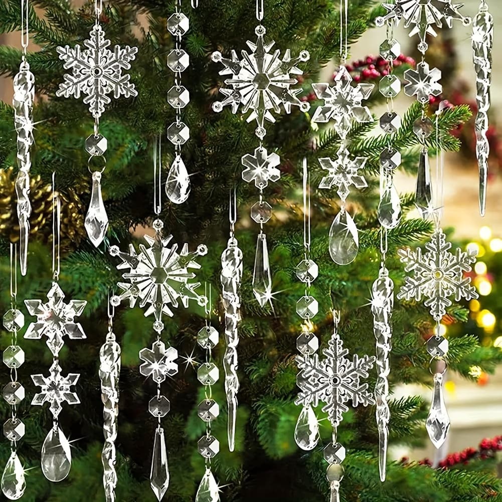 TEMU 20pcs Christmas Tree Decoration Ornaments, Hanging Acrylic Snowflake Icicle Drop Clear Christmas Ornaments For Xmas Tree Decor, Holiday Winter New Year Party Supplies