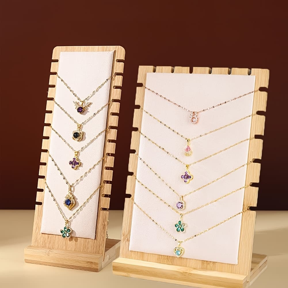 TEMU 2pcs Wooden Necklace Display Stand With Slots, Bamboo Jewelry Holder Organizer, Velvet Necklace Board For Pendant Chain, Craft Shows Jewelry Display, Vanity Dresser Storage,