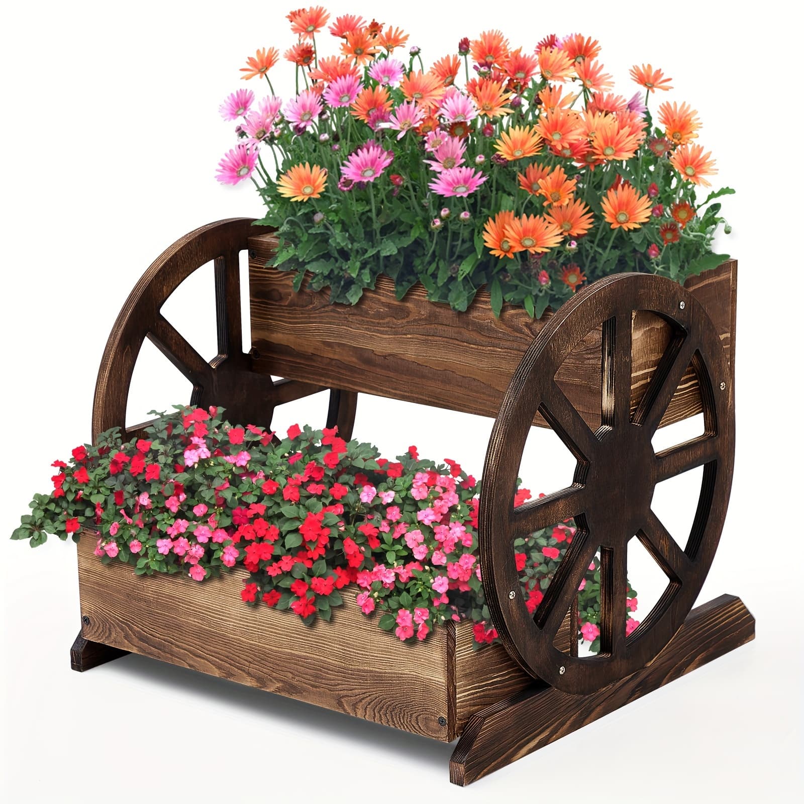 TEMU 1pc Planter Box Decorative Wooden Cart Rustic Flower Pot Garden Wagon Decor With Wheels For Indoor Outdoor Patio Garden Balcony Backyard Decoration