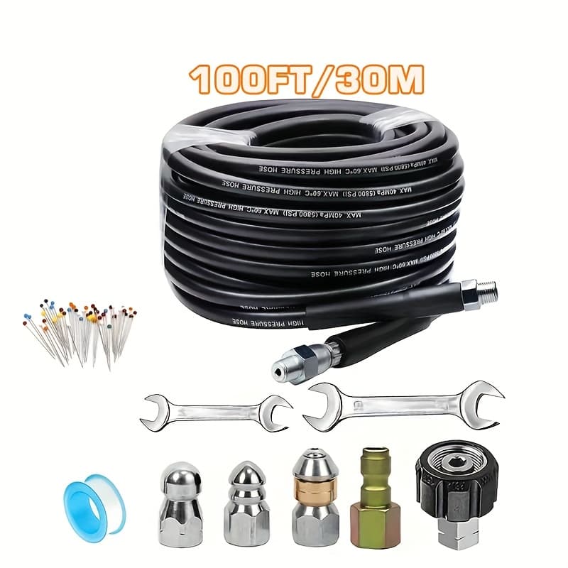 TEMU Sewer Jet Kit For Pressure Washer 100ft/50ft, Newest 5800psi Hose 1/4 Inch Npt Angle, Swivel And Push Button Hose Sewer Jet Nozzle Pearl Corsage Pin Waterproof Tape With 2 Wrenches