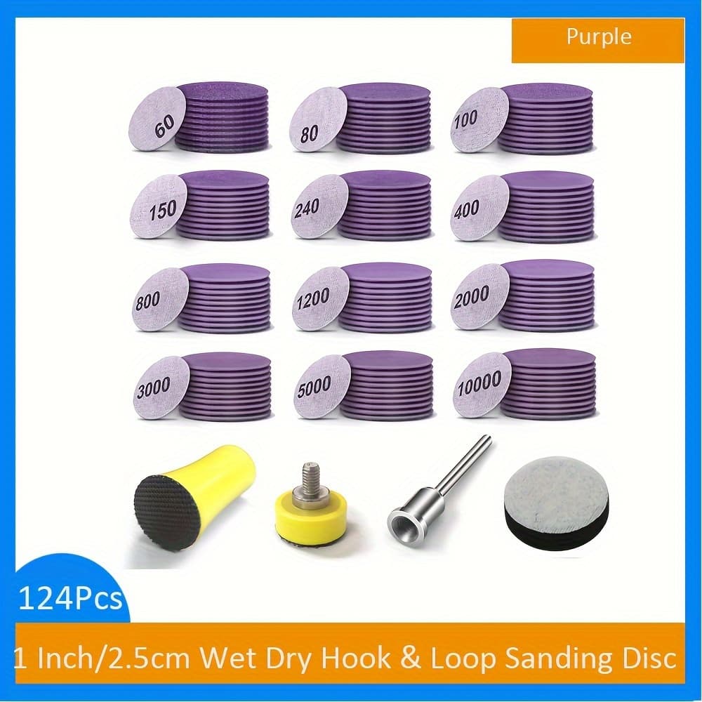 TEMU 124pcs 1 Inch Wet Dry Sandpaper Hook & Loop Sanding Disc 60-10000 With Backing Plate And Soft Interface Pad For Drill Grinder Dremel Rotary Tools 25mm