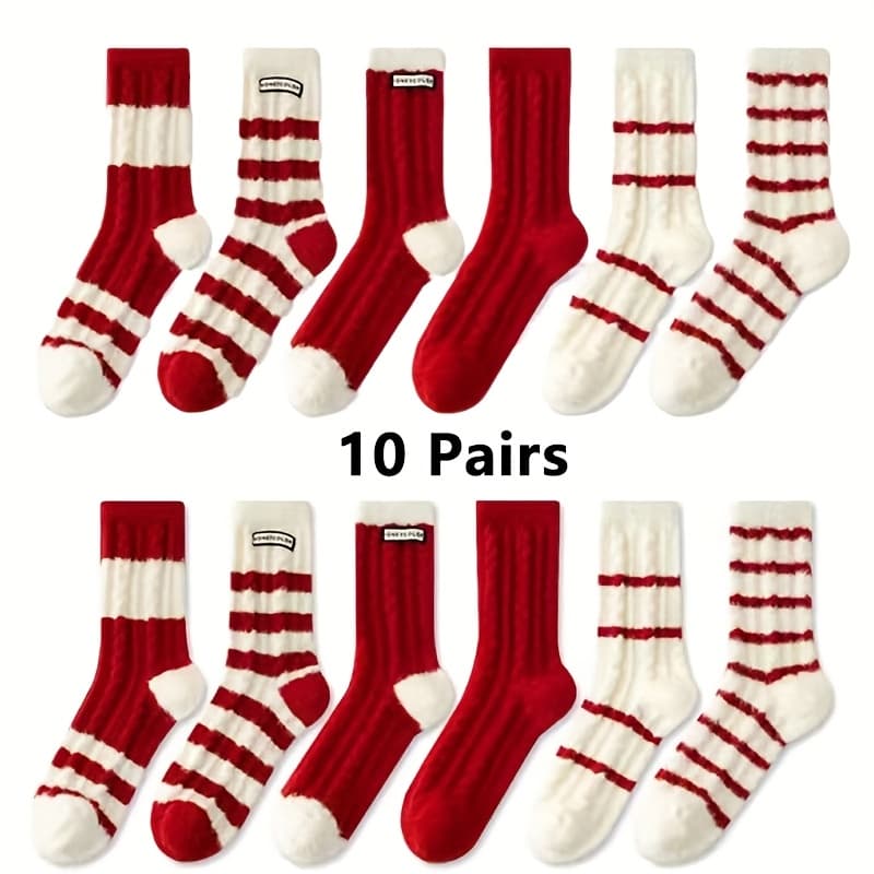 TEMU 5/10 Pairs Of Thick, Warm Women's Socks With Red Stripes, Perfect For Winter And Incredibly Soft
