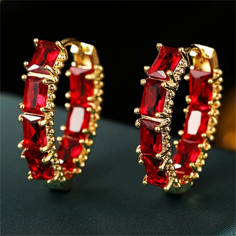 TEMU Red Synthetic Zirconia Golden Hoop Earrings, Perfect For Brides, Wedding Occasions, And Festive Celebrations