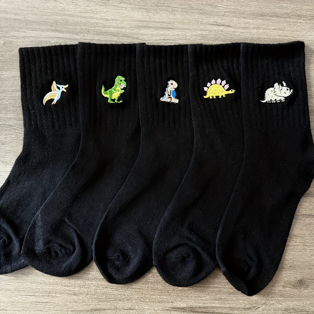 TEMU 5 Pairs Of Unisex Cartoon Embroidered Dinosaur Pattern Mid-calf Socks