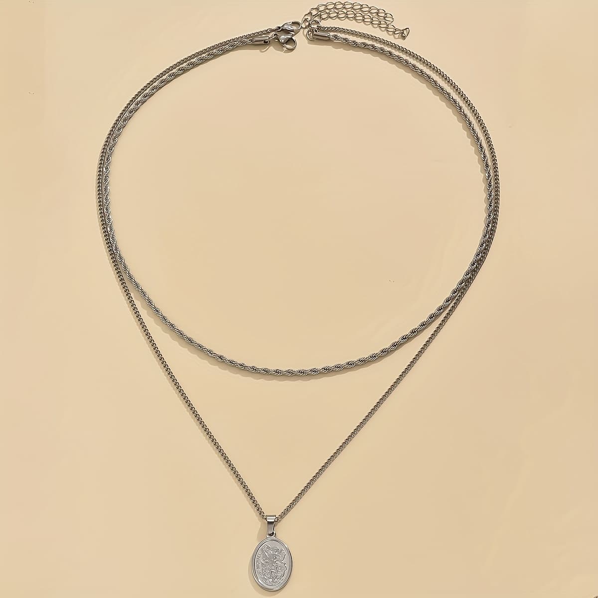 TEMU 2pcs Men' Steel Oval Pendant Twist Chain Necklace, Casual Fashion Daily Accessory