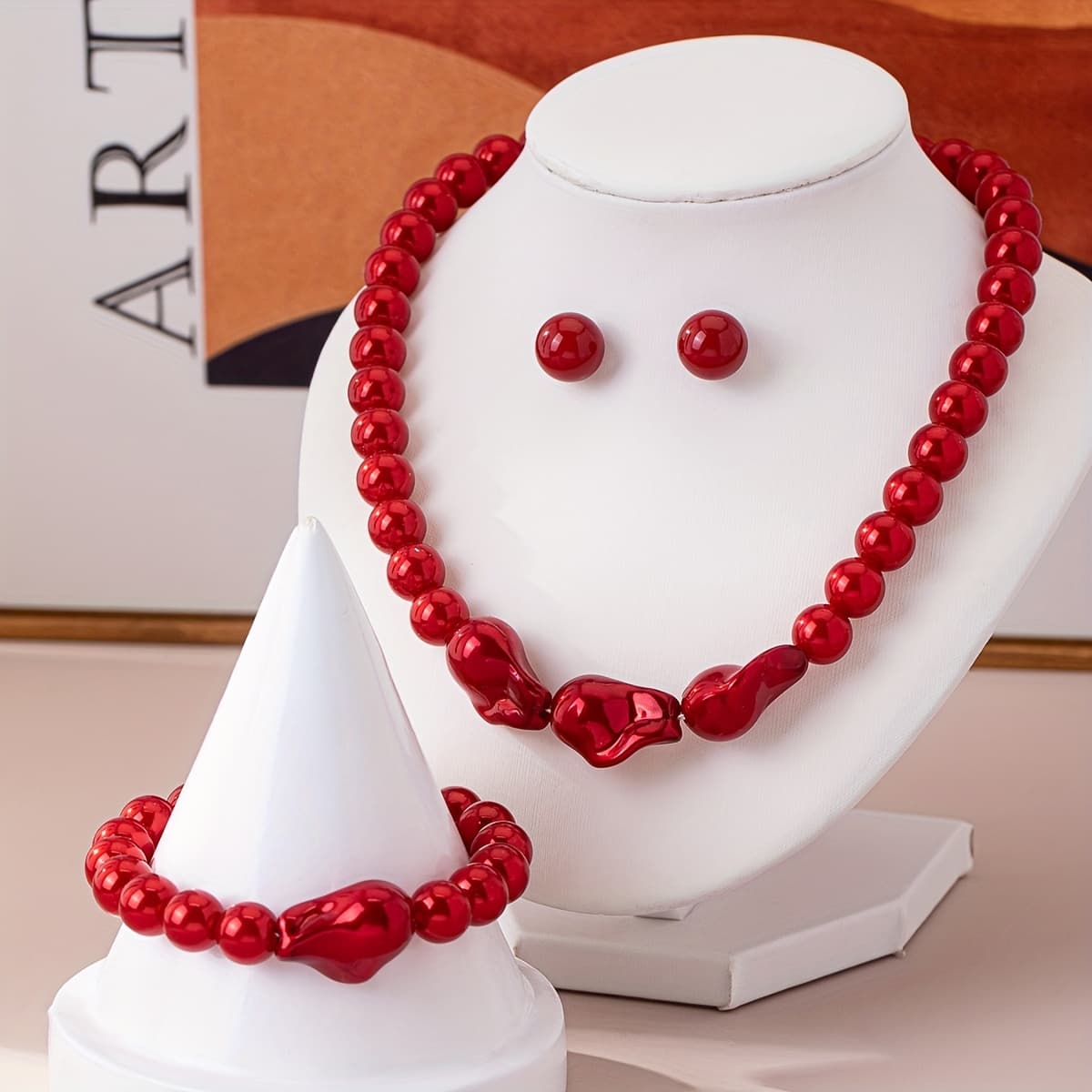 TEMU 4pcs/set Fashionable Minimalist Acrylic Red Pearl Necklace + Bracelet + Stud Earrings Set For Parties, , Dinners, Music Festivals, Beach Vacations, Daily Wear, And Wedding Celebrations