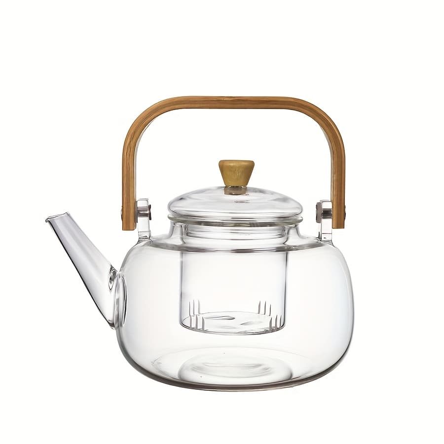 TEMU 1pc High Borosilicate Glass Teapot With Bamboo Handle - Boil & , Detachable Infuser For Flower Tea & Herbal Tea - Home Use
