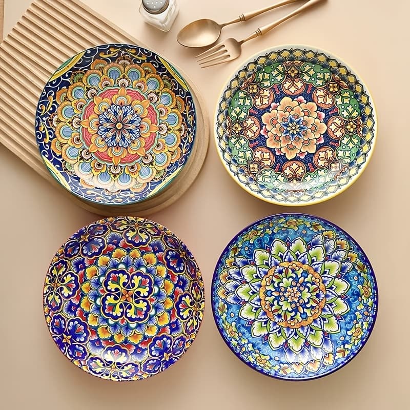 TEMU Set Of 4 Bohemian-style Ceramic Plates, Handcrafted Boho Plates With Floral And , Vibrant Colors, Underglaze Technique, Dishwasher, Oven, And Microwave Safe, Perfect For Holidays
