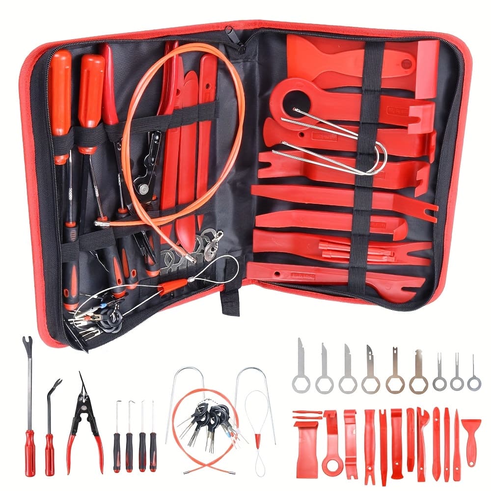 TEMU 43pcs Car Repair Tool Kit Car Trim Removal Tools + Auto Terminal Removal Key + Pliers + Stereo Removal Tools For Car Upholstery Repair, Red With Storage Bag