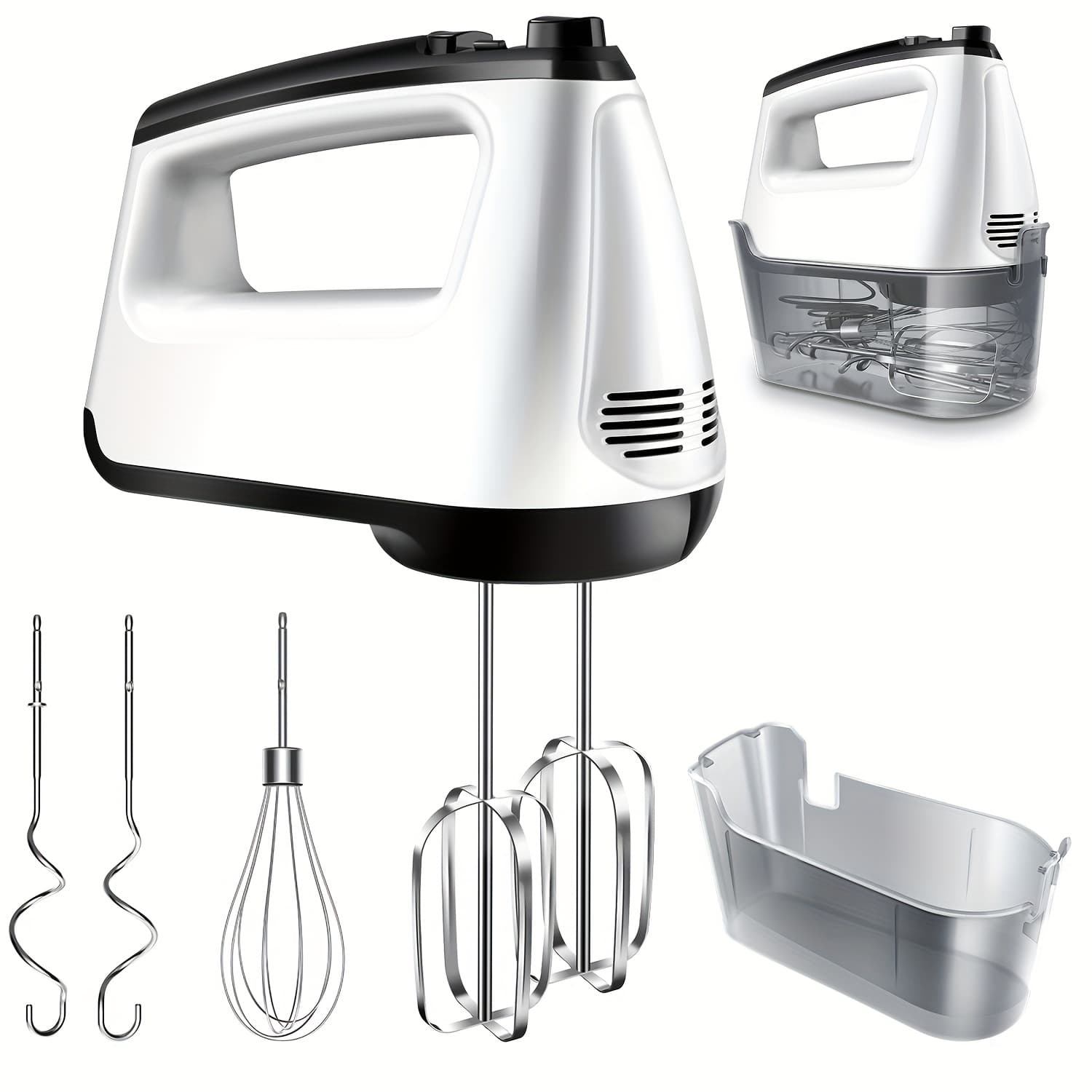 TEMU Hand Mixer Electric, 6 Speed & Electric Handheld, Storage Case, 5 Stainless Steel Accessories For Whipping, Mixing , Brownie, Cakes, Dough Batters, White