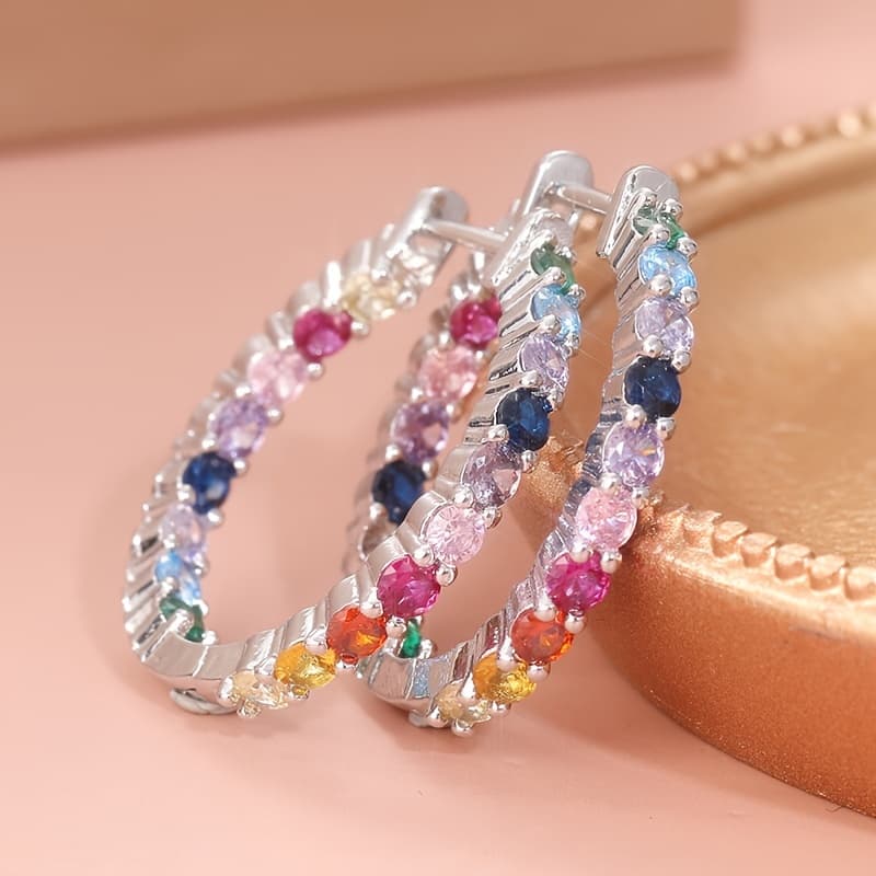 TEMU A Pair Of Simple And Stylish Hoop Earrings Set With Colorful Synthetic Zirconia, Women' Leisure Parties