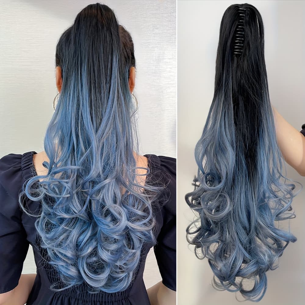 TEMU Claw Ponytail Extension 24 Inch 60cm Water Wave Big Wavy Curly Clip In Hair Extensions Soft Synthetic Hairpiece For Women Black With Blue