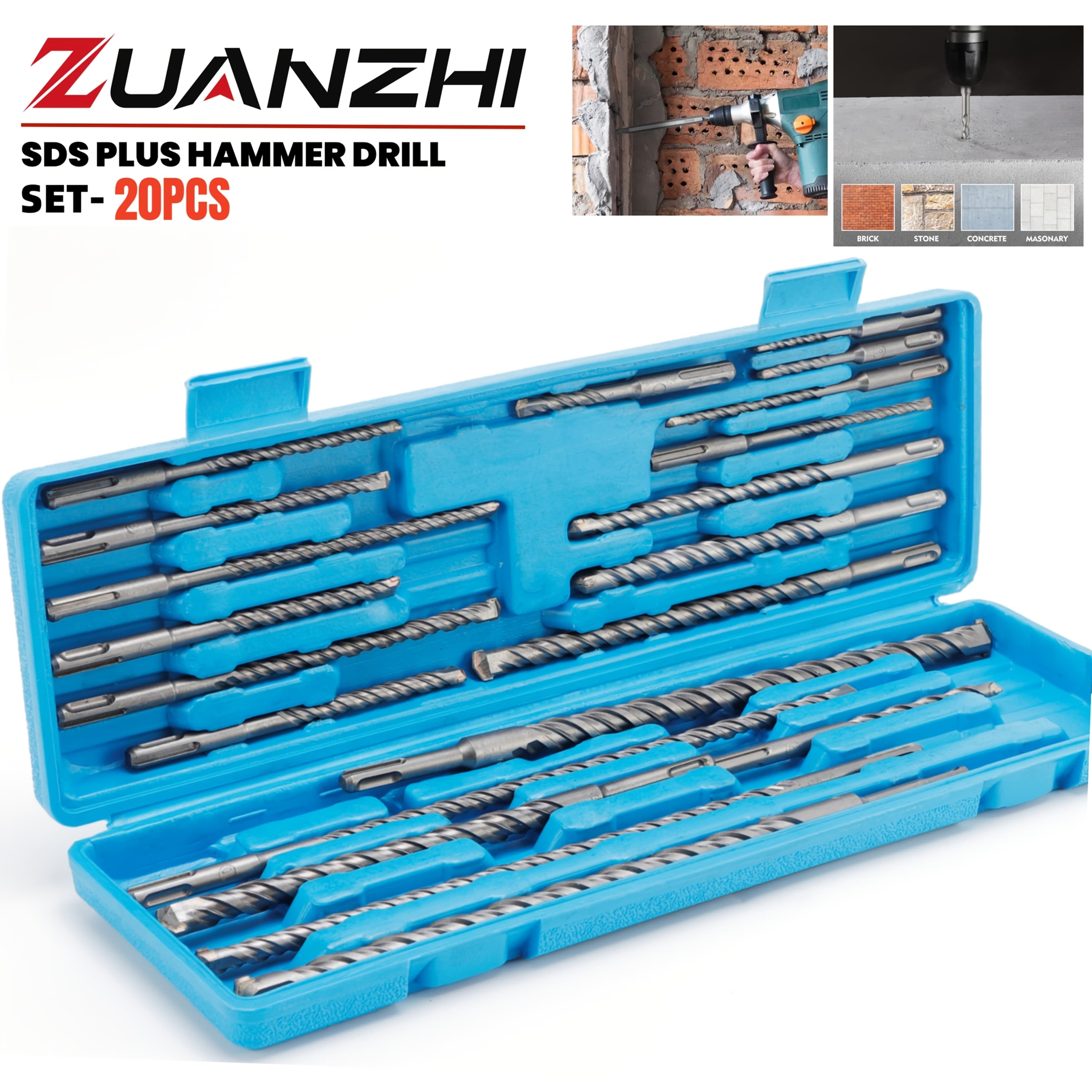TEMU 20pcs Sds Plus Hammer Drill Bits Set, Sds Plus -tipped Concrete Masonry Dhole Tool Drill Bits For Concrete, Stone, Brick, With Portable Storage Case