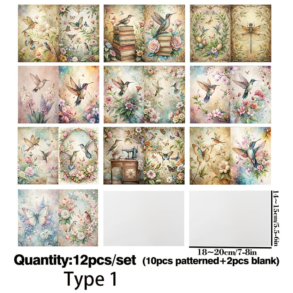 TEMU 12pcs A5 Translucent Premium Floral Hummingbird Book Material Tracing Paper Set For Scrapbooking And Journaling