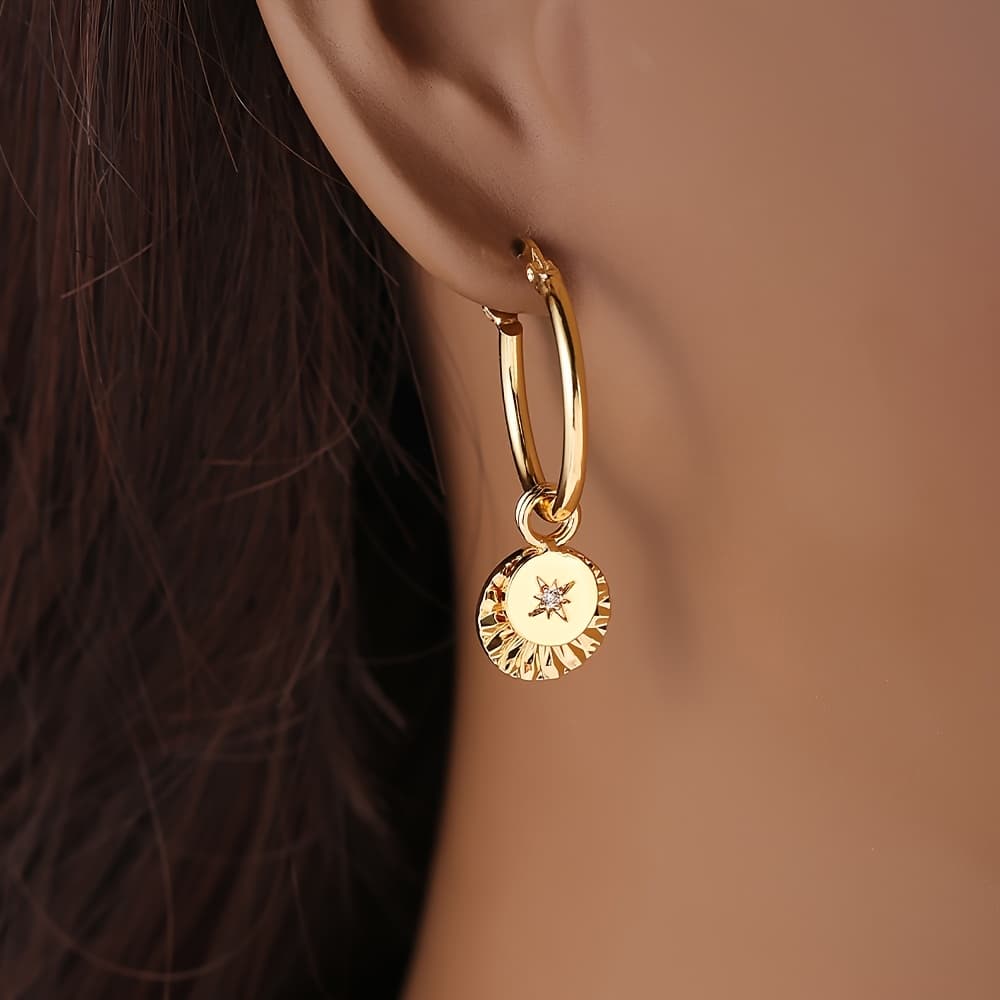 TEMU Geometric -convex Texture Round Cubic Zirconia Tassel Pendant Earrings