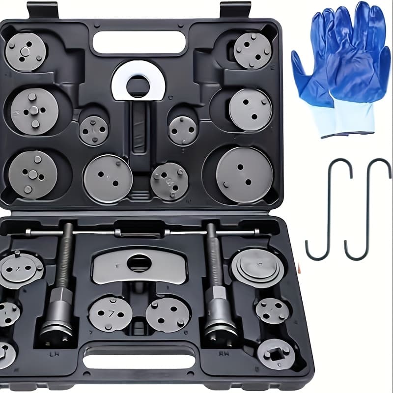 TEMU Brake Caliper Wind Back Tool Kit, 26pcs Brake Caliper Compression Tool Set With Thrust Assemblies Retaining Plates Caliper Hangers 18 Disc Adapters, Brake Caliper Tool, Blue Case, Without Battery