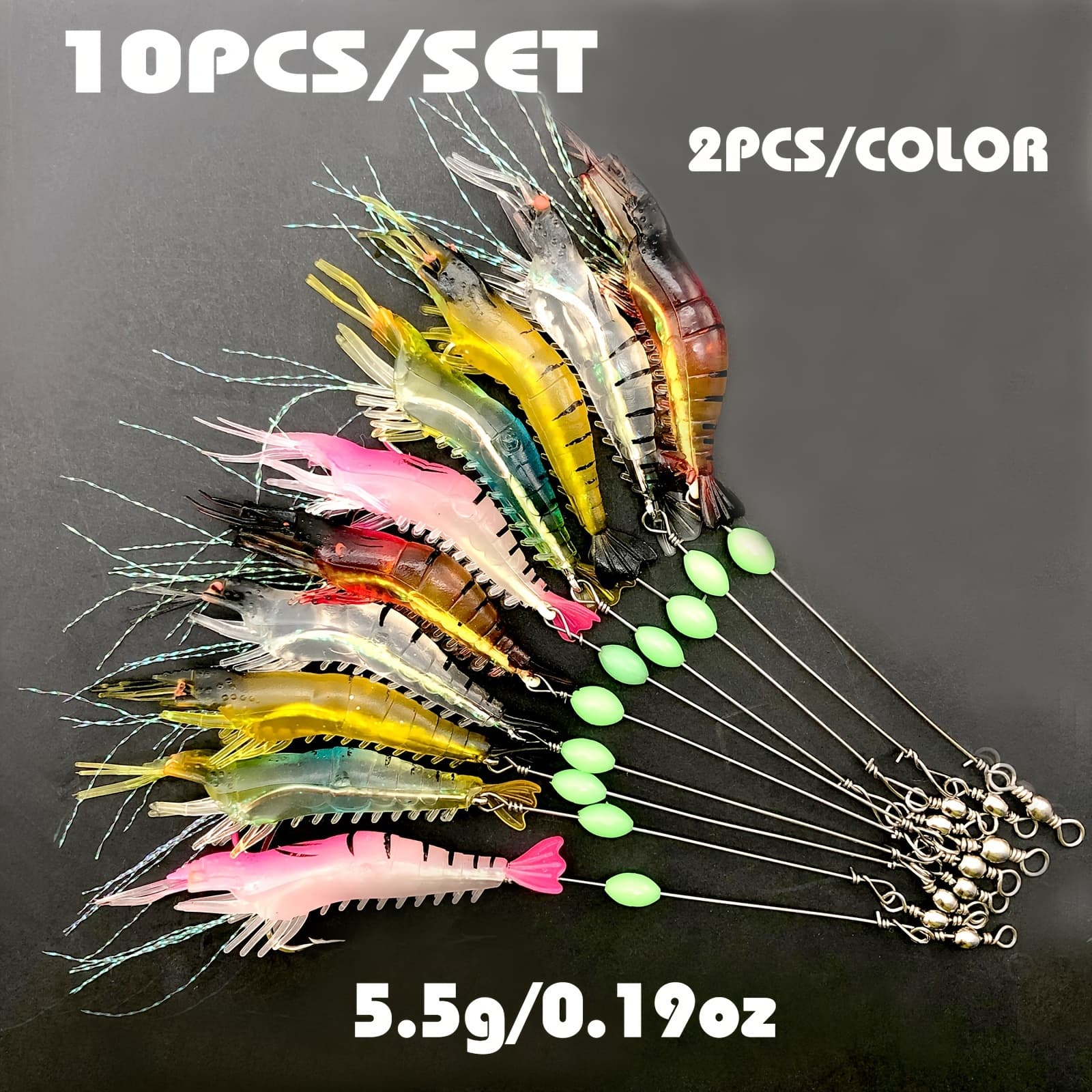 TEMU Set Of 10 Glowing Shrimp Soft Baits - Increase Your Fish Catch With Lure And Hook Combinations!