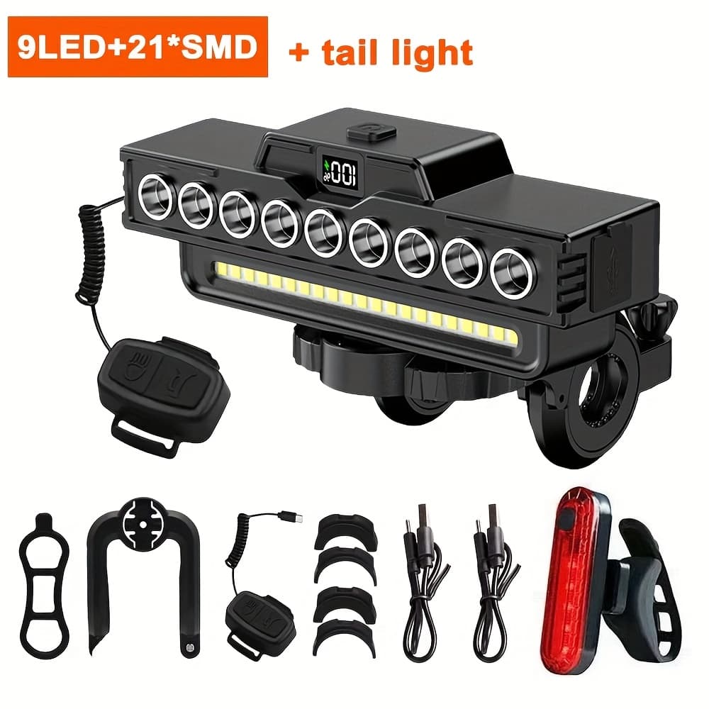 TEMU Usb Rechargeable Bicycle Light With Horn Set, 9led Bicycle Headlight With Digital Display, 7 Lighting , Built-in 4000mah Battery, For Night Bicycles, Mountain Bikes, Road Bikes
