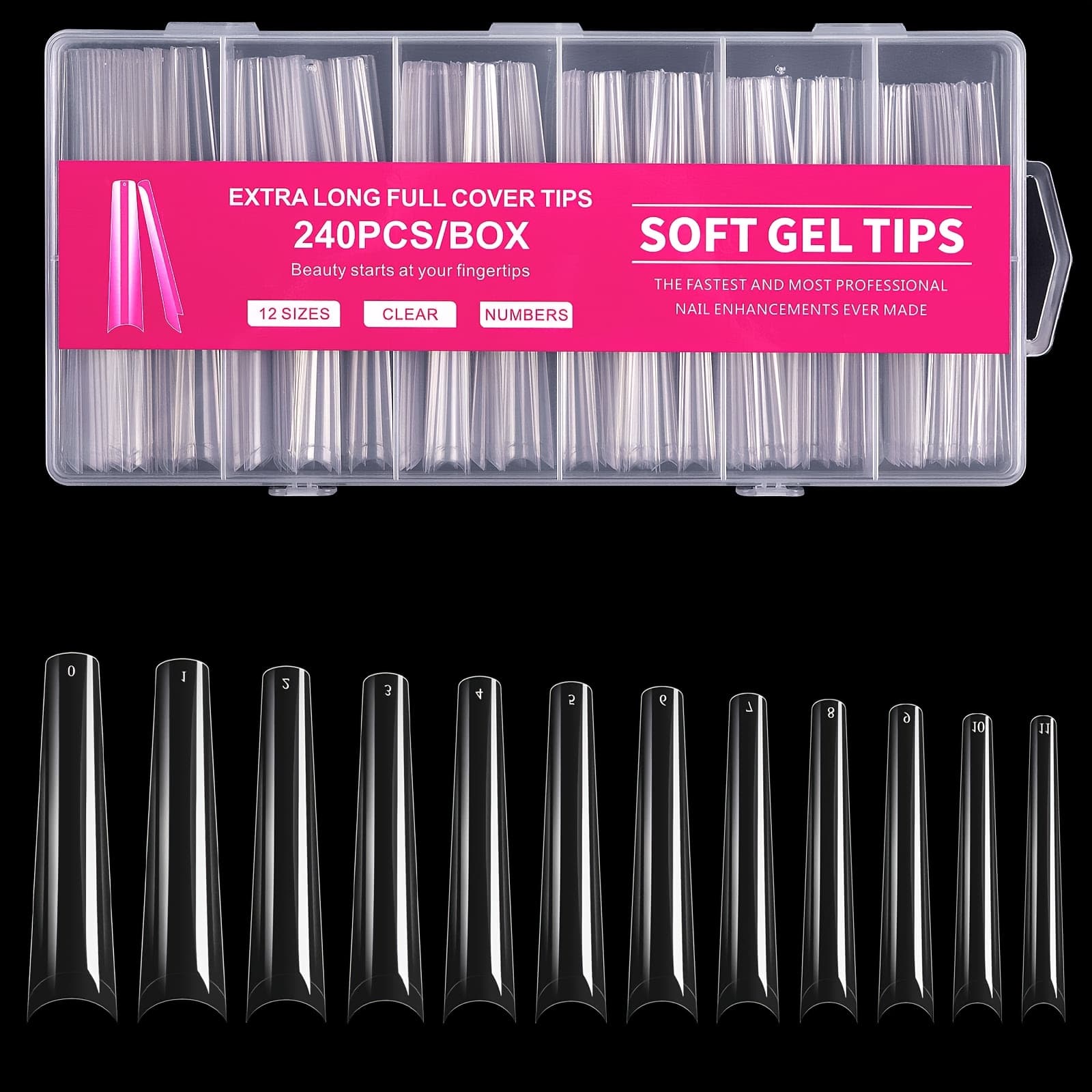 TEMU 240pcs 240pcs Suitable For Salon & Home Diy 240pcs Clear Acrylic Press On Nails - Xxxl Extra Long Tips, No Half Cover False Nails, 12 Sizes Flat False Nails For Nail Extensions For