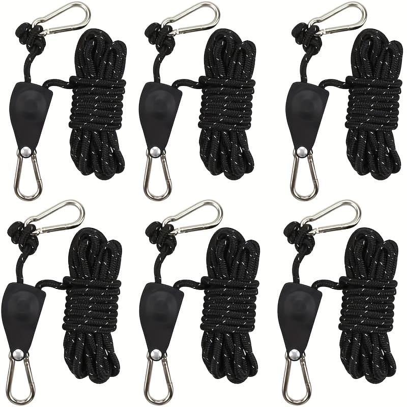 TEMU 6pcs Retractable Outdoor Windproof Rope, Heavy Duty Ratchet Tie Down Straps With Pulley, Portable Adjustable Fix Camping Rope, Nylon Rope Retractable Ratchet Straps, Grow Light Pulley System
