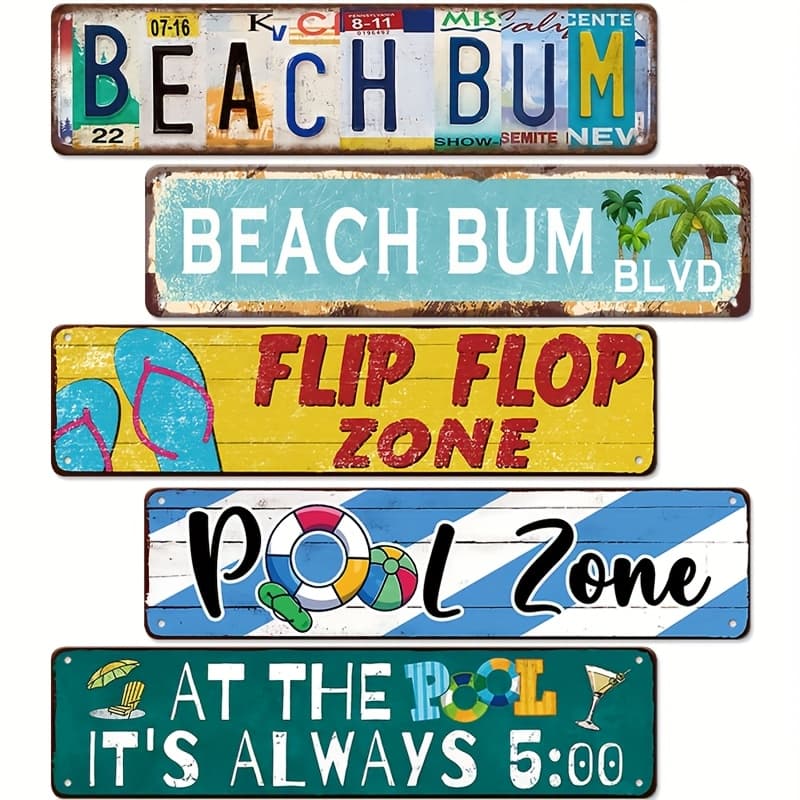 TEMU 5pcs Vintage Pool Metal Sign - 4x16inch, Outdoor Wall Decor For Swimming Parties & Beach, Ideal For Backyard & Deck