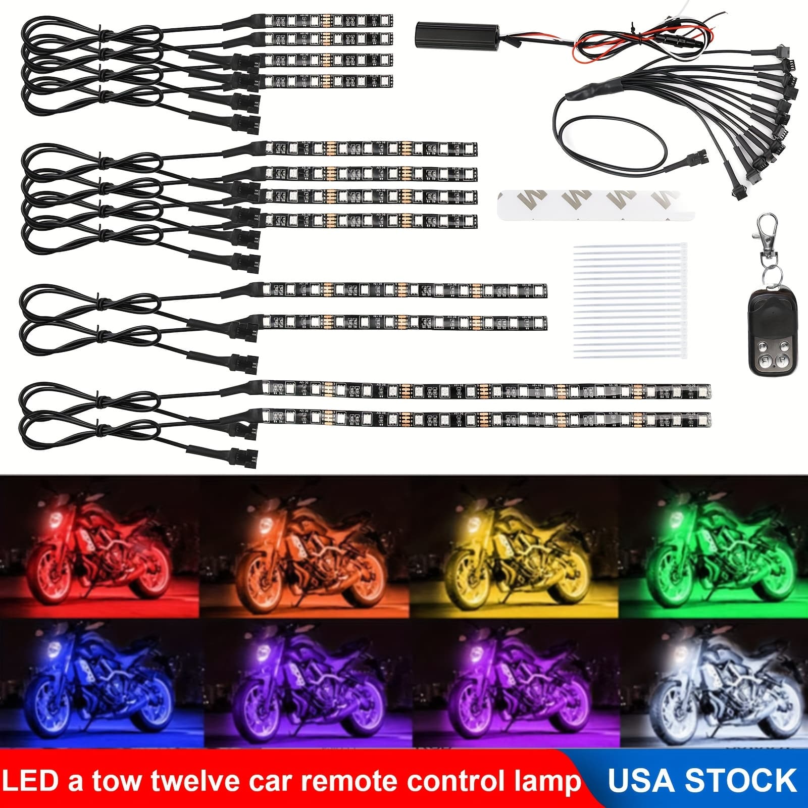 TEMU 12pcs Universal Motorcycle Rgb Led Neon Under Glow Lights Strip Kit For For With No Battery Required For Motor Vehicles
