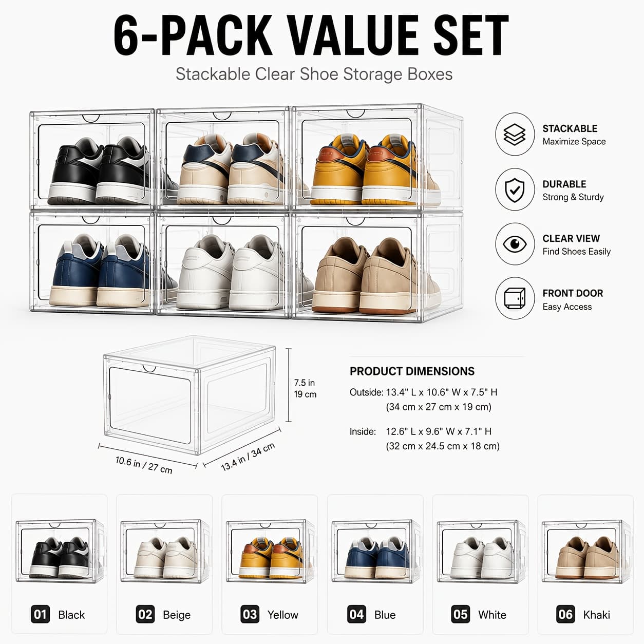 TEMU 6/12 Pack Clear Shoe Storage Box, Stackable Shoe Organizer For Closet, Heavy Duty Foldable Sneaker Display Container, Drop Front Door, Fit Us Size 12