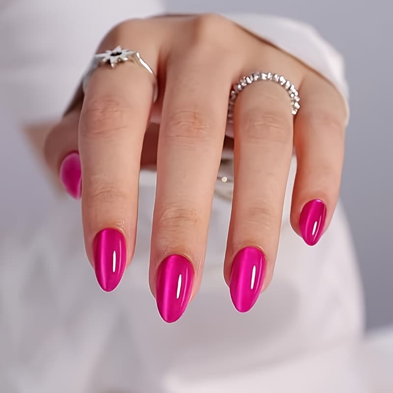 TEMU 24pcs Oval Rose-colored Cat Eye Press-on Nails, Rose-pink Glossy Design, Suitable For Women And ' Wear Gift