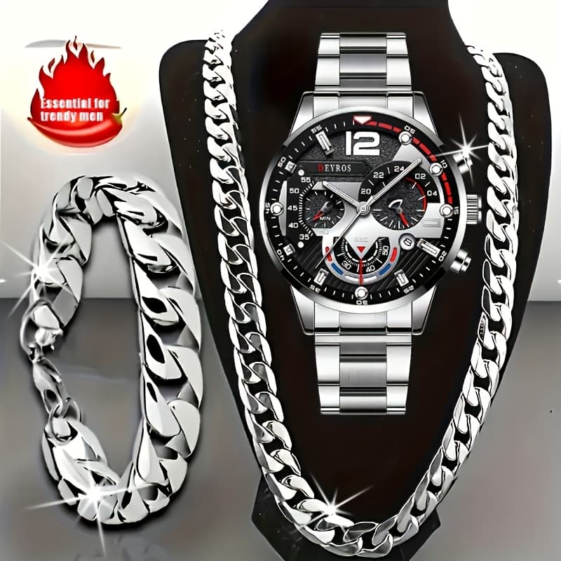 TEMU 3pcs Men's Watch And Matching Necklace/bracelet Combo - Luxury Quartz Wristwatch With Matching, Elegant & Matching For Daily Wear, Gifts For Him (, Anniversary, Thanksgiving) - Stylish Complete