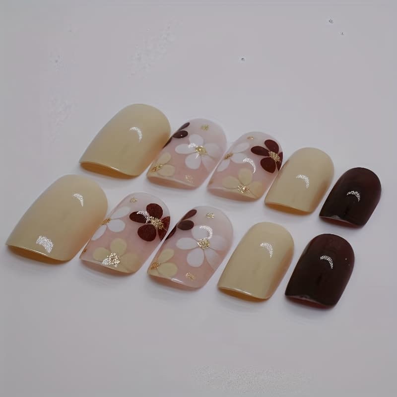 TEMU 24pcs Of Nail Art, In Milk Coffee And Warm Brown Tones, Decorated With Three-dimensional Embossed Flowers, And Broken Diamonds, Perfectly Matching Outfits Without Hesitation