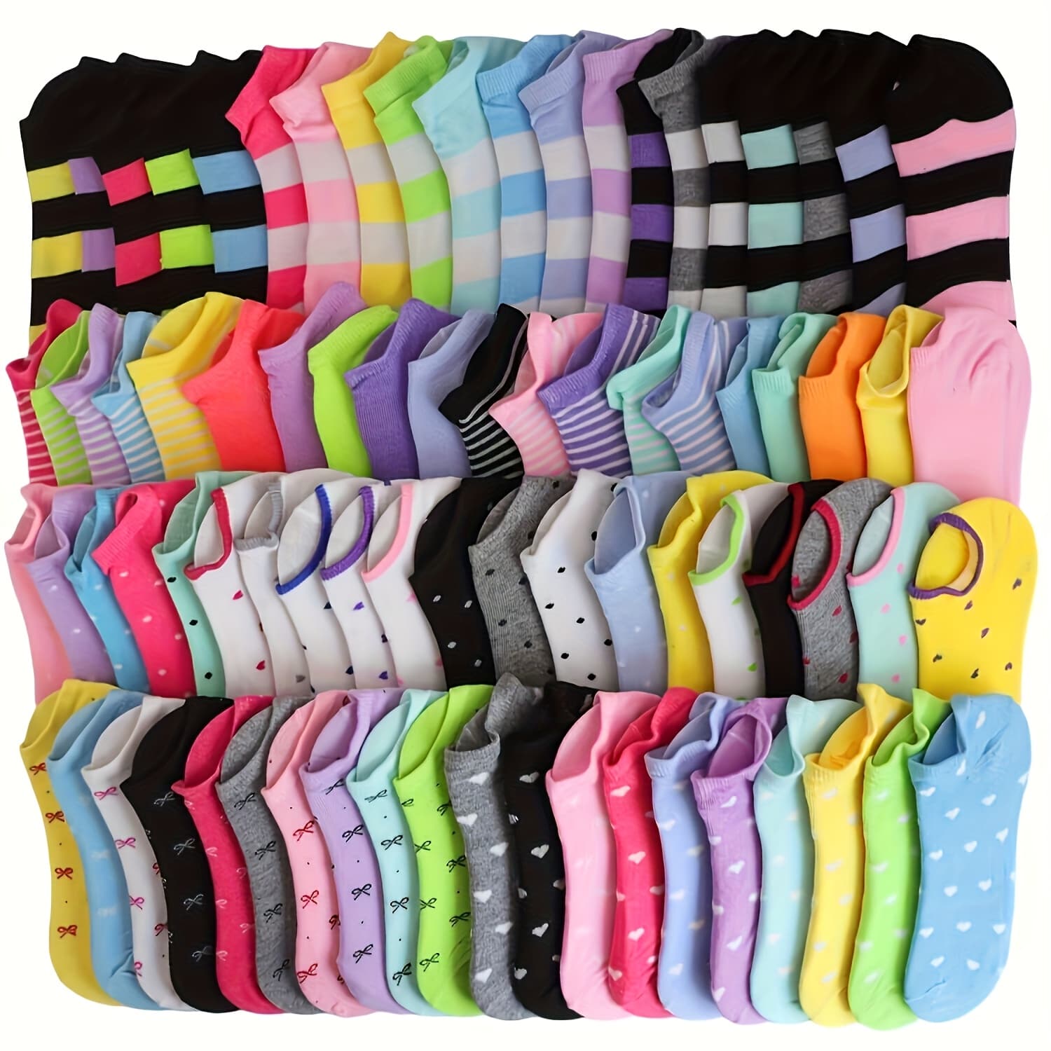 TEMU 20 Pairs Of Colorful No-show Socks With Heart & Stripe Patterns, Ribbed Low Cut Design – Soft, Breathable, And Perfect For Casual Attire Or Gifts For